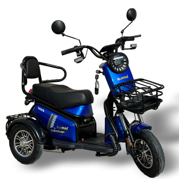 Двуместна електрическа триколка bullmax pudding premium, с дълга платформа, крачна спирачка и диференциално задвижване
